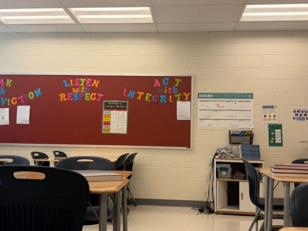 An empty set of desks in a classroom. Senior skip day resulted in a plethora of absences for many teachers. “In a class of 28 or 30, 14 were absent,” Trigoboff said. 