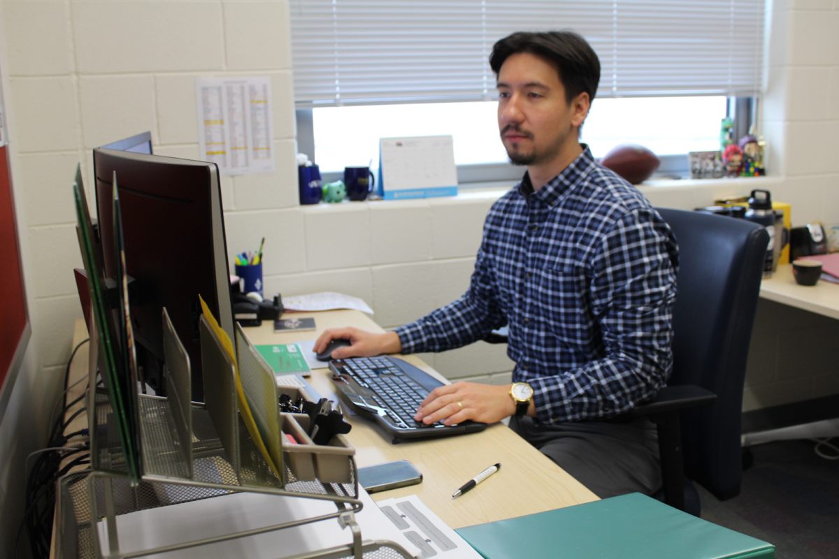 Samuel Ramatowski looks at his computer, working hard. He is the new counselor at Jefferson, adjusting to new environments. “I feel like this is a community that I think really matches my skill set, my experiences, and one that I feel like I am going to be very successful working within,” Ramatowski said. 

