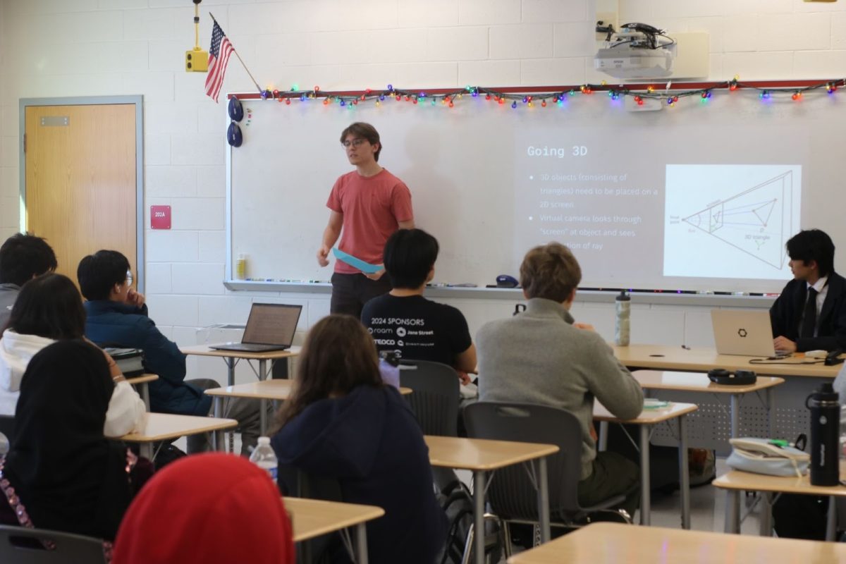 Senior Petr Kisselev instructs club members on 3D art graphics and coding. “I'm going to be running monthly art competitions, where you have to program your own shader and then submit your [art] for voting to see who has the best one,” Kisselev said. “That will be a way for people to be incentivized to both, [and] also to engage with other people and get inspired.”
