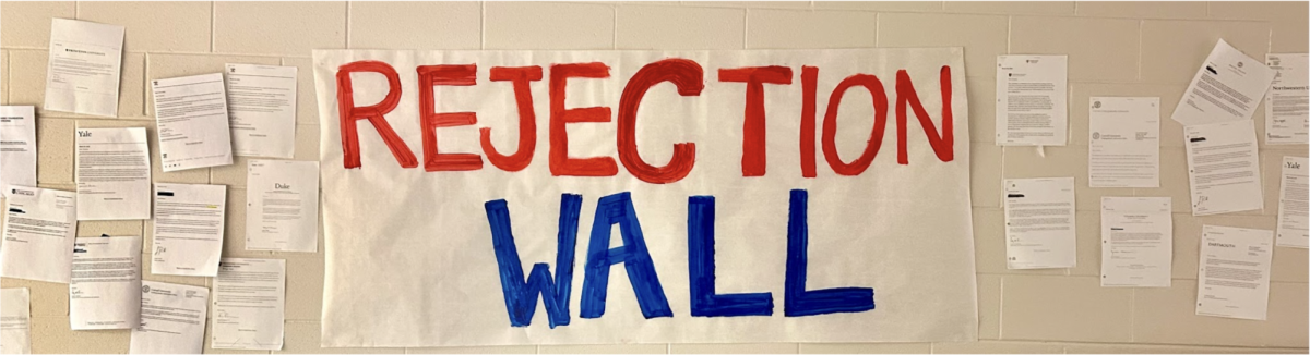 Hanging outside of Tesla Commons, the Rejection Wall is placed in a high-traffic area. Last year, the poster kept falling, and many seniors did not post their letters. "​​The Rejection Wall is something SGA does every year," senior and SGA president Jocelyn Huie said. "This year, we made an effort to make sure the banner didn't fall. So we stuck it up with something [different] this year."